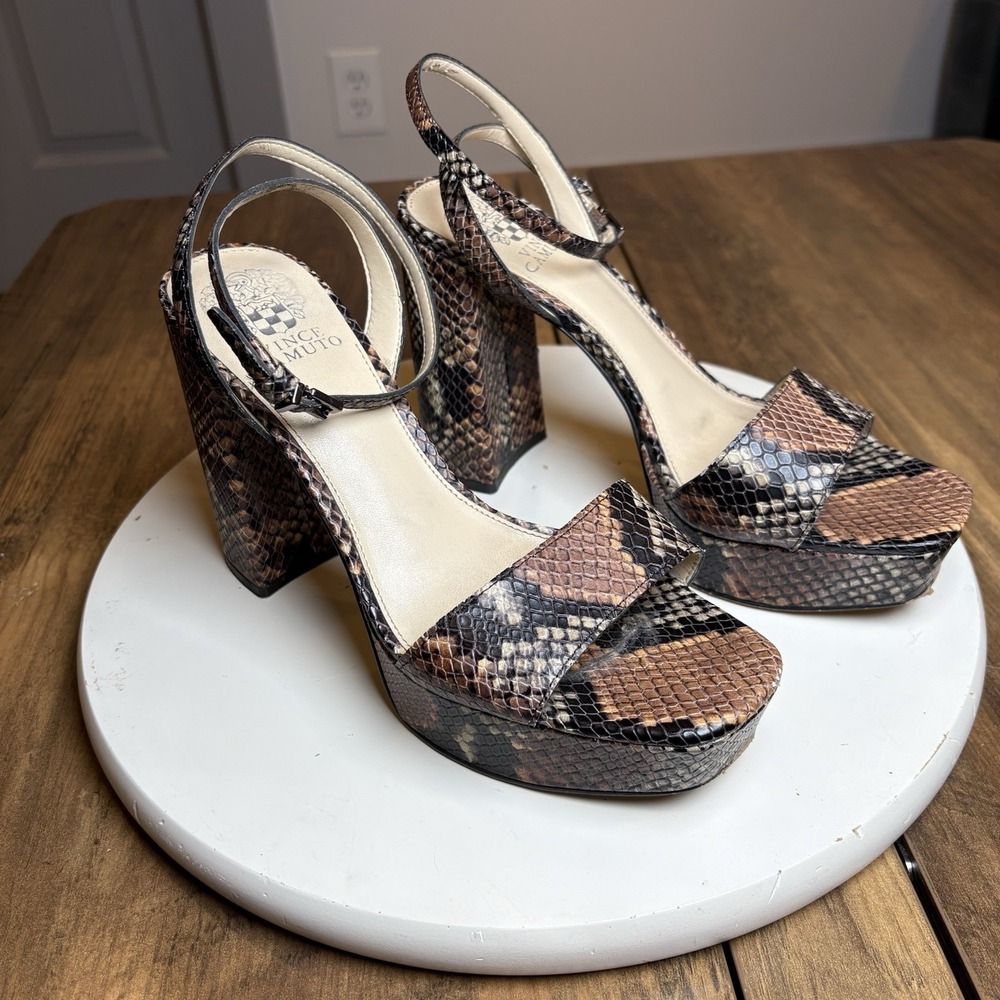 Vince Camuto Womens 9 Brown Platform Sandals Snakeskin Print Block Heel Leather